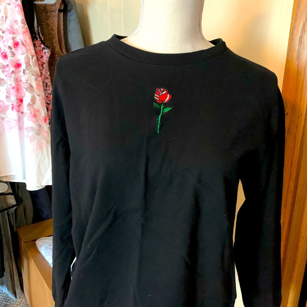 Black long sleeve cotton shirt with Rose